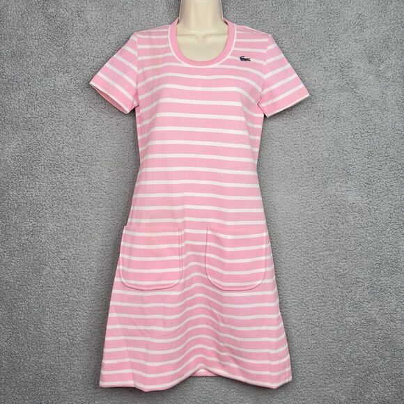 Vintage Lacoste David Crystal Sheath Dress Women 8 Pink White Striped Union Made - Picture 13 of 13